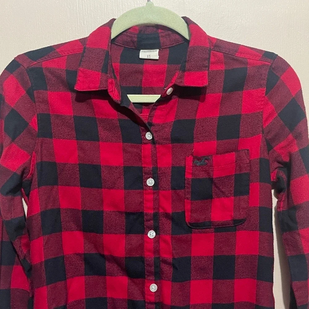 Hollister Womens XS Sleep Shirt Flannel Buffalo Plaid‎ Logo-Holiday Comfortcore